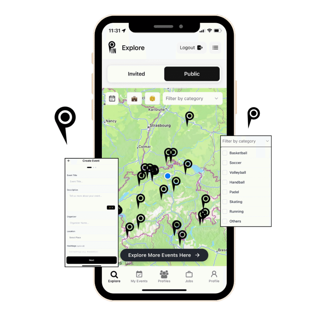 Pin Preview App – explore local sports events, create your own matches, and connect with teams and fans across Switzerland, Germany, and Austria.
