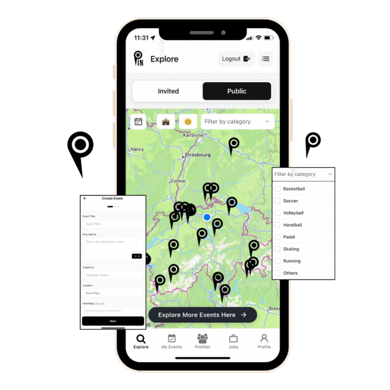 Pin Preview App – explore local sports events, create your own matches, and connect with teams and fans across Switzerland, Germany, and Austria.