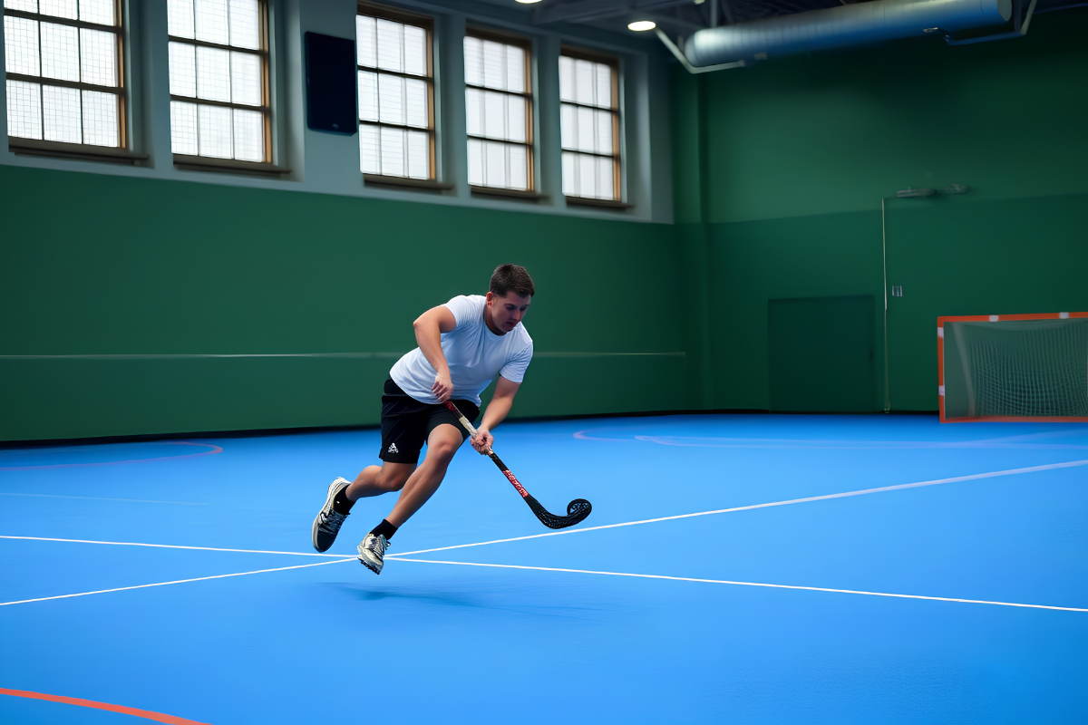 Floorball player dribbling under purple court lights